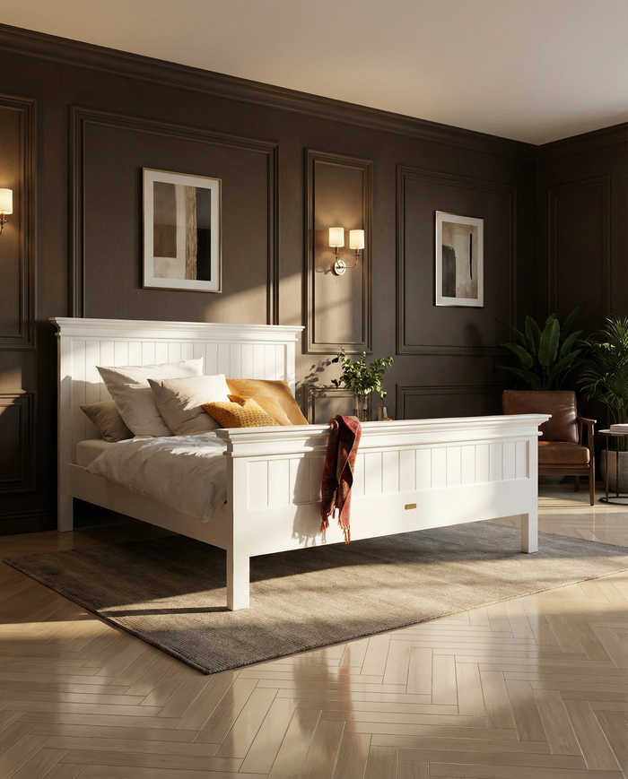 NovaSolo bed in solid mahogany with a classic white finish