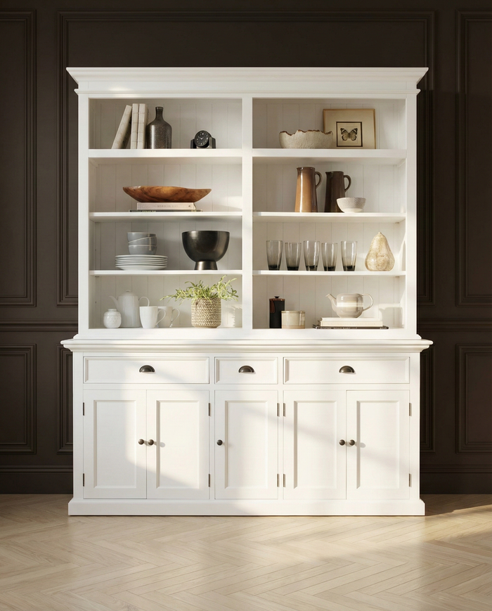 NovaSolo bookcase with hutch in solid mahogany, classic white
