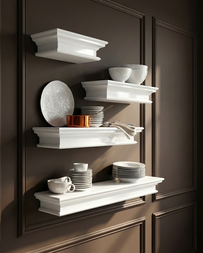 White NovaSolo floating wall shelves against a dark panelled wall