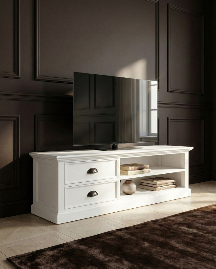 NovaSolo television stand in solid mahogany, classic white