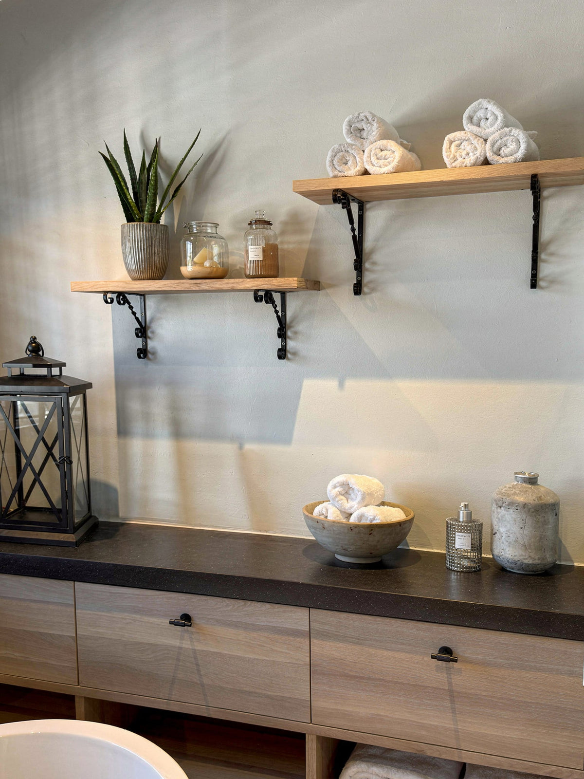 Oak shelf with rolled towels, a plant and lantern - Bathroom, Brasschaat