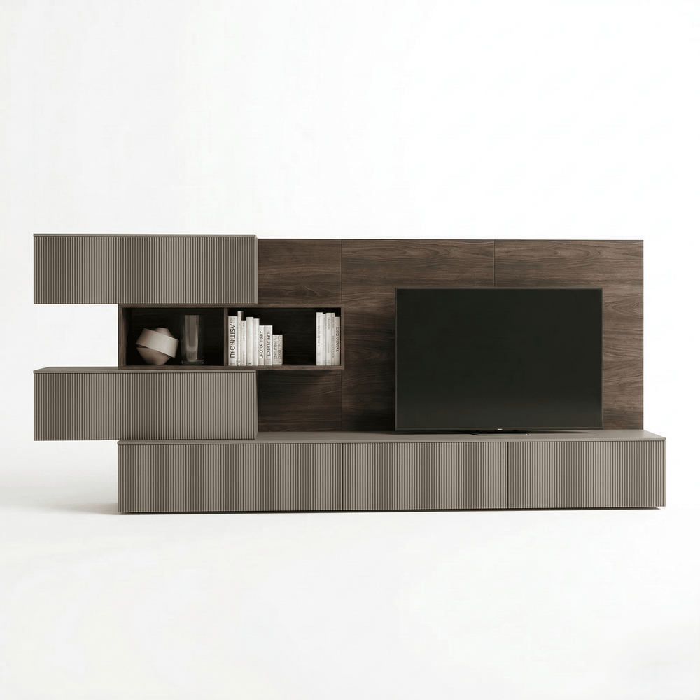 Virello Luxe Italiaanse tv-meubel | Eigentijds geribbeld mediameubel met design wandpaneel