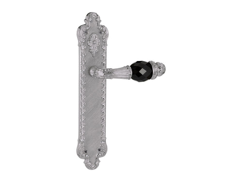 Treasure Door lever handles set on plates with Swarovski black crystal