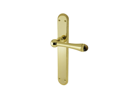Metropolis Precious Door lever handles set on plates with tiger eye stone