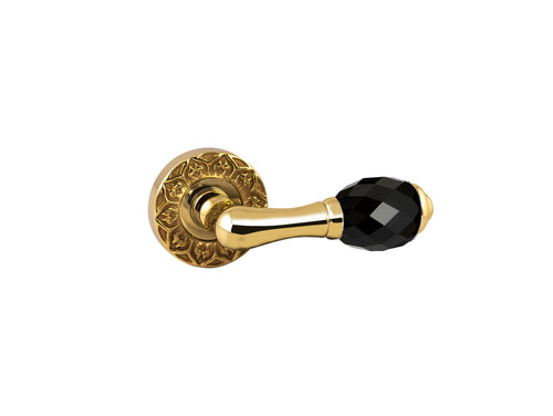 Mihrab Door lever handles set on roses with black Swarovski crystal