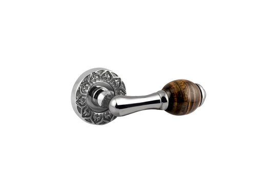 Mihrab Precious Door lever handles set on roses with tiger eye stone