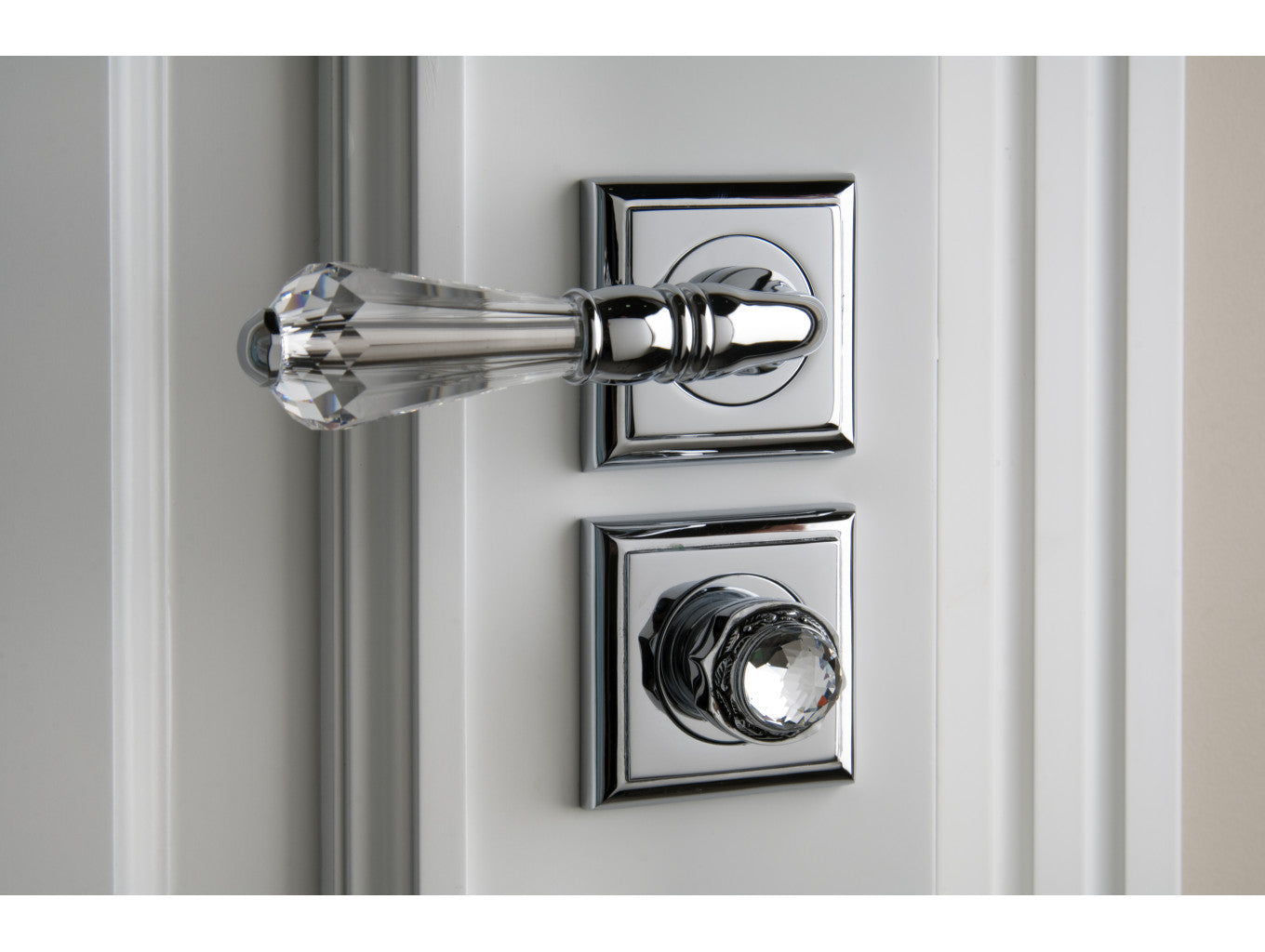 Urbe Door lever handles set on roses with Swarovski crystal in interior - Bronces Mestre