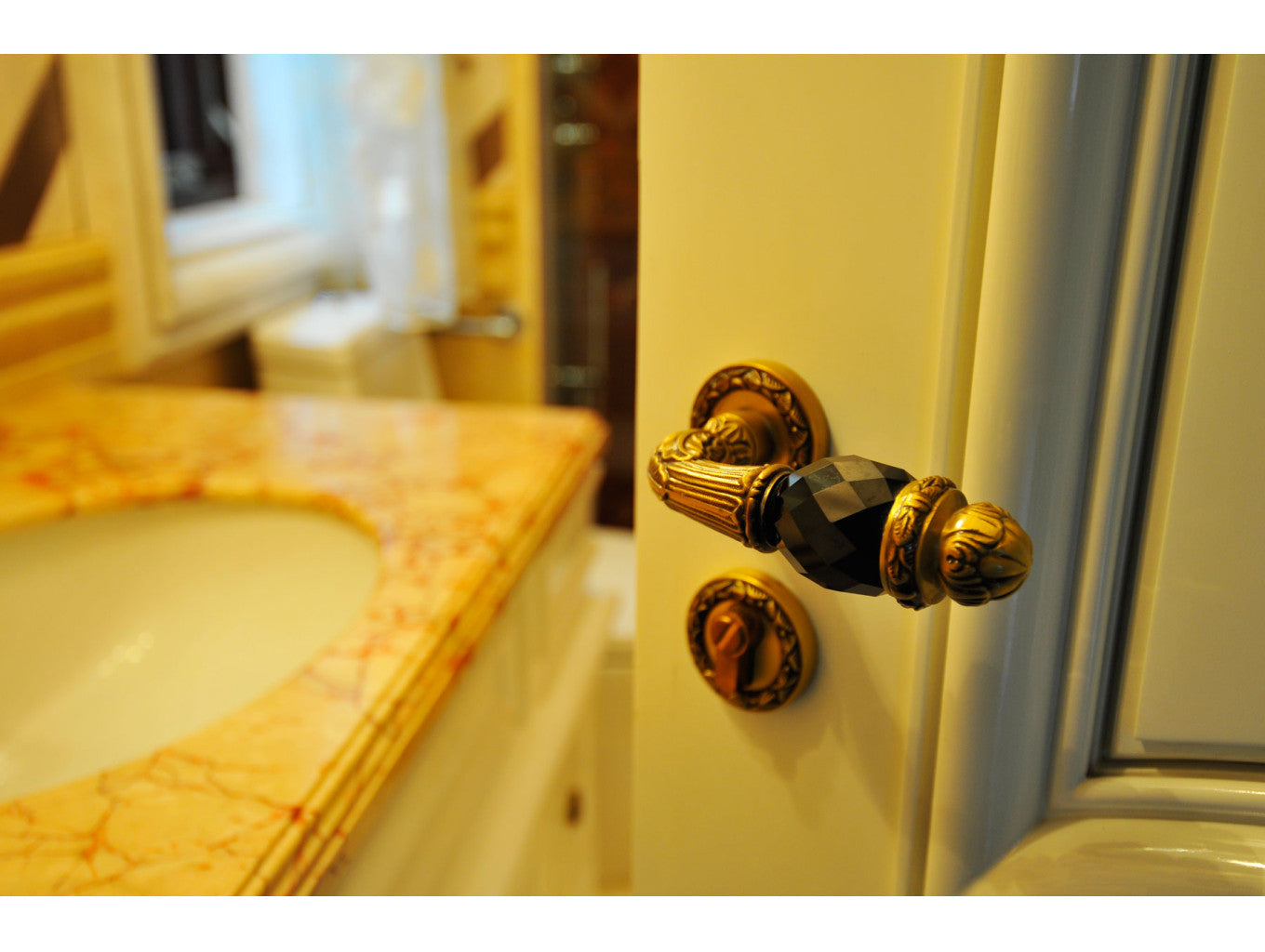 Clasica Door lever handles set on roses with Swarovski black crystal in interior - Bronces Mestre