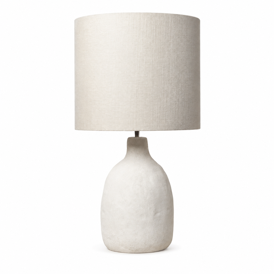 Front view of the Oskar 1916E table lamp from the Weiß Sand collection in a refined white metal finish mit a cylindrical 35x30 cm shade, fitted for 1xE27 bulb. A timeless 31 cm tall accent piece ideal for living rooms, bedrooms and hallways, by Marcottestyle.