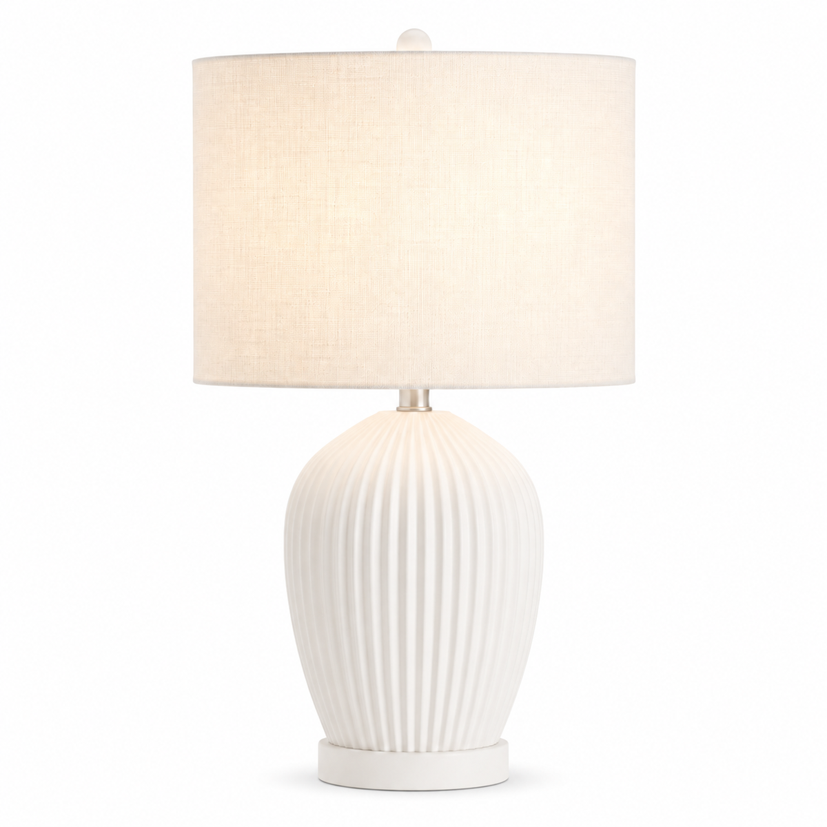 Front-view lights-on shot of the Zola 4688B table lamp in white finish, from the Zola family, with 1xE27 bulb softly illuminating the shade, slim 38 cm metal frame and 30 cm shade base, ideal for dining, hallway and bedroom interiors, by Marcottestyle.