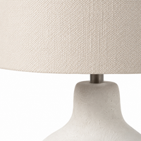 Macro close-up of the Oskar 1916E table lamp revealing the fine fabric weave of the white shade, brushed white sand metal base and subtle textured finish. Detailed craftsmanship from the Weiß Sand collection in a 1xE27 design, by Marcottestyle.