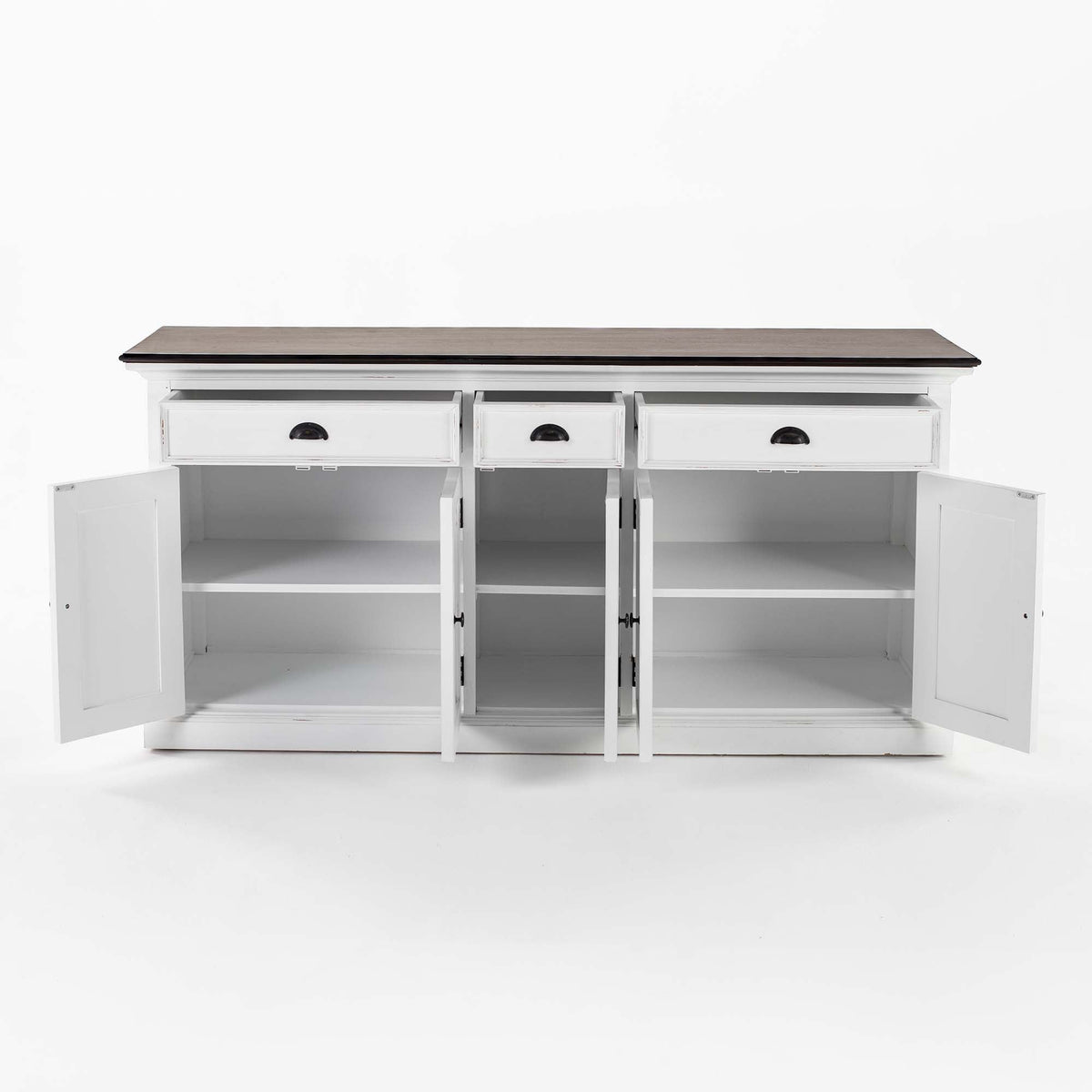 Buffet with 3 Drawers and 5 Doors - White Distress & Deep Brown - Lifestyle View | Marcottestyle