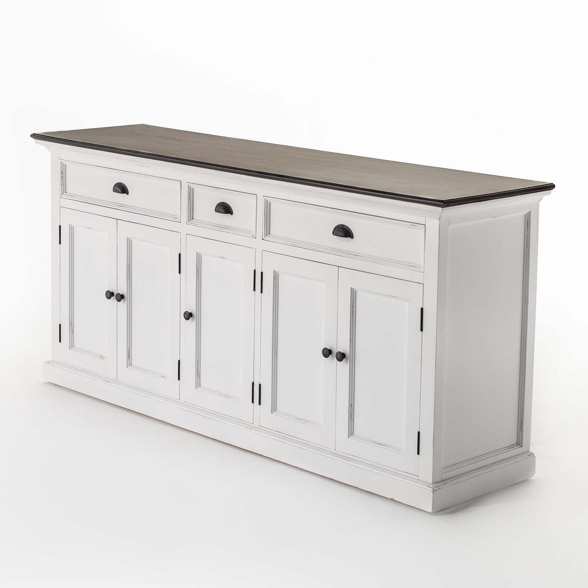 Buffet with 3 Drawers and 5 Doors - White Distress & Deep Brown - Lifestyle View | Marcottestyle