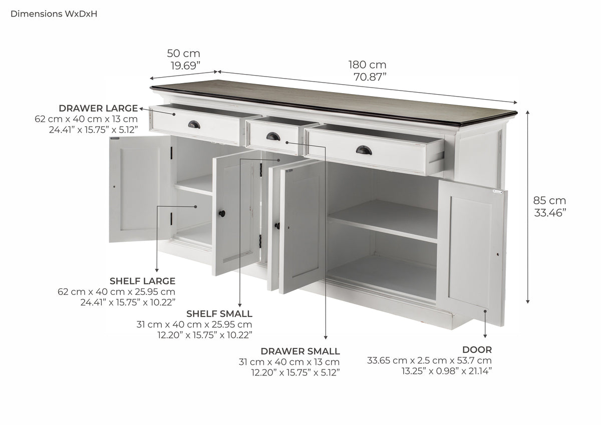 Buffet with 3 Drawers and 5 Doors - White Distress & Deep Brown - Lifestyle View | Marcottestyle
