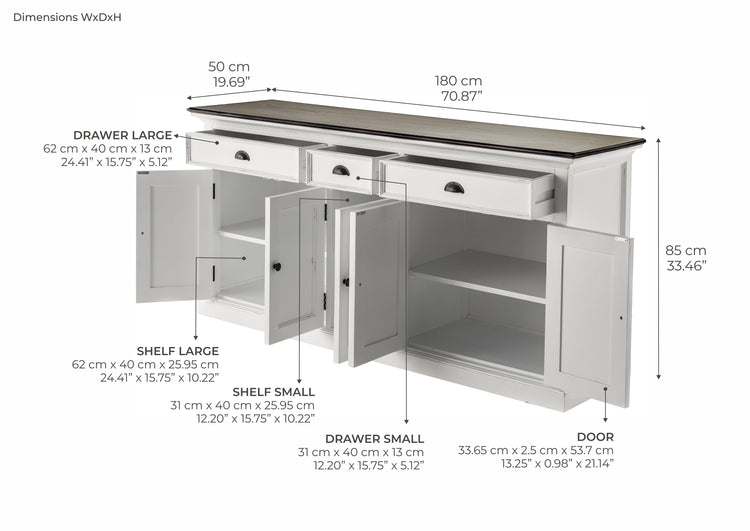Buffet with 3 Drawers and 5 Doors - White Distress & Deep Brown - Lifestyle View | Marcottestyle