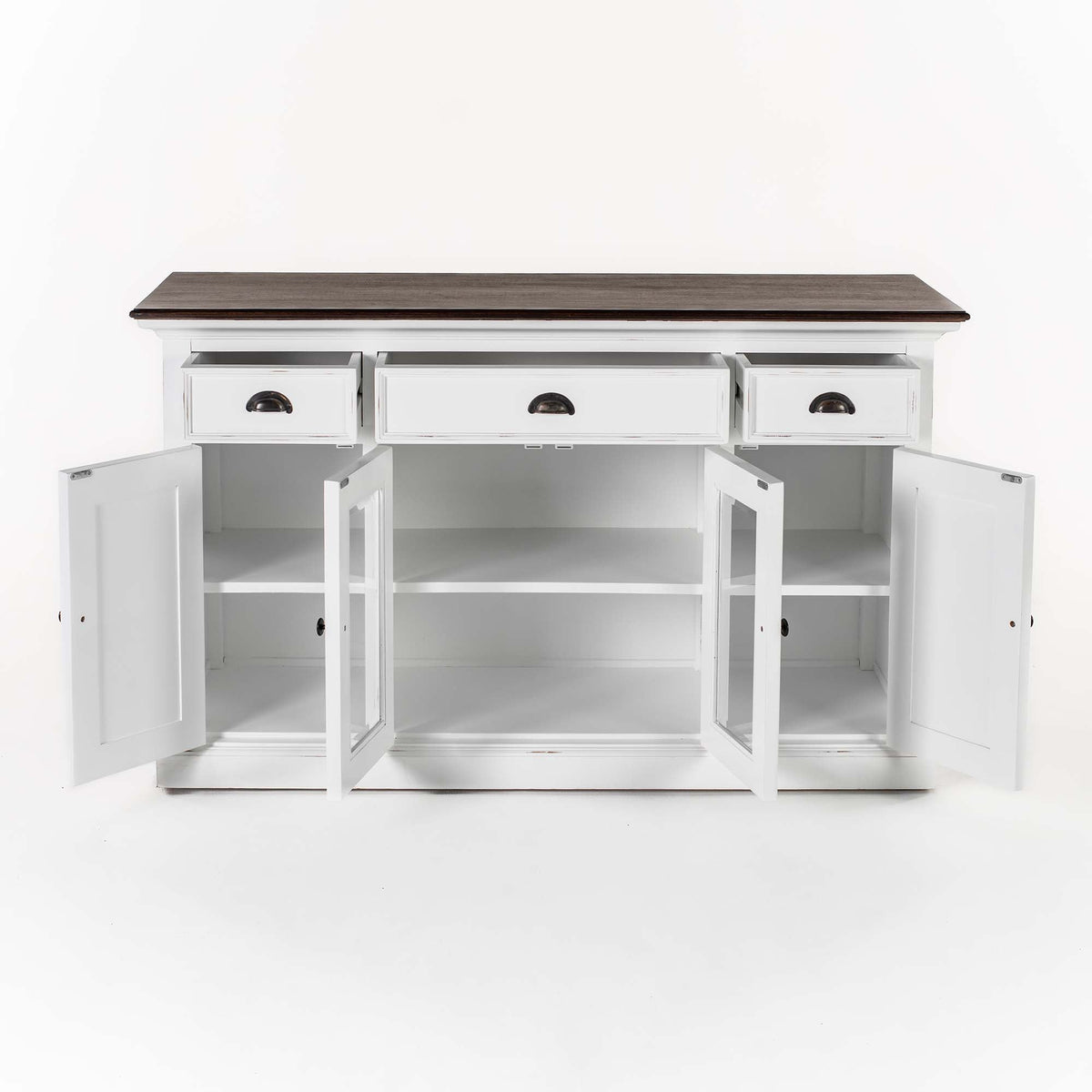 Buffet with 4 Doors 3 Drawers White Distress & Deep Brown - Lifestyle View | Marcottestyle