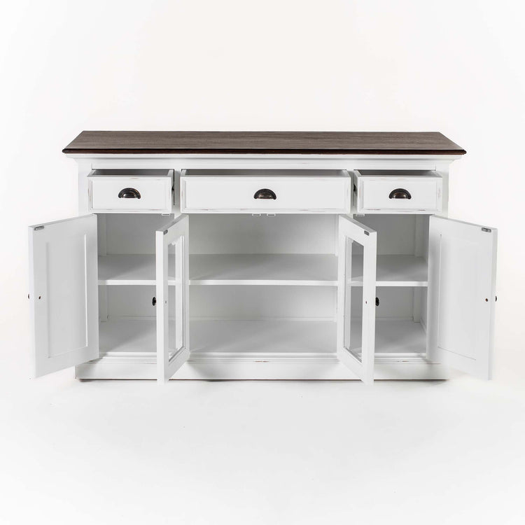 Buffet with 4 Doors 3 Drawers White Distress & Deep Brown - Lifestyle View | Marcottestyle