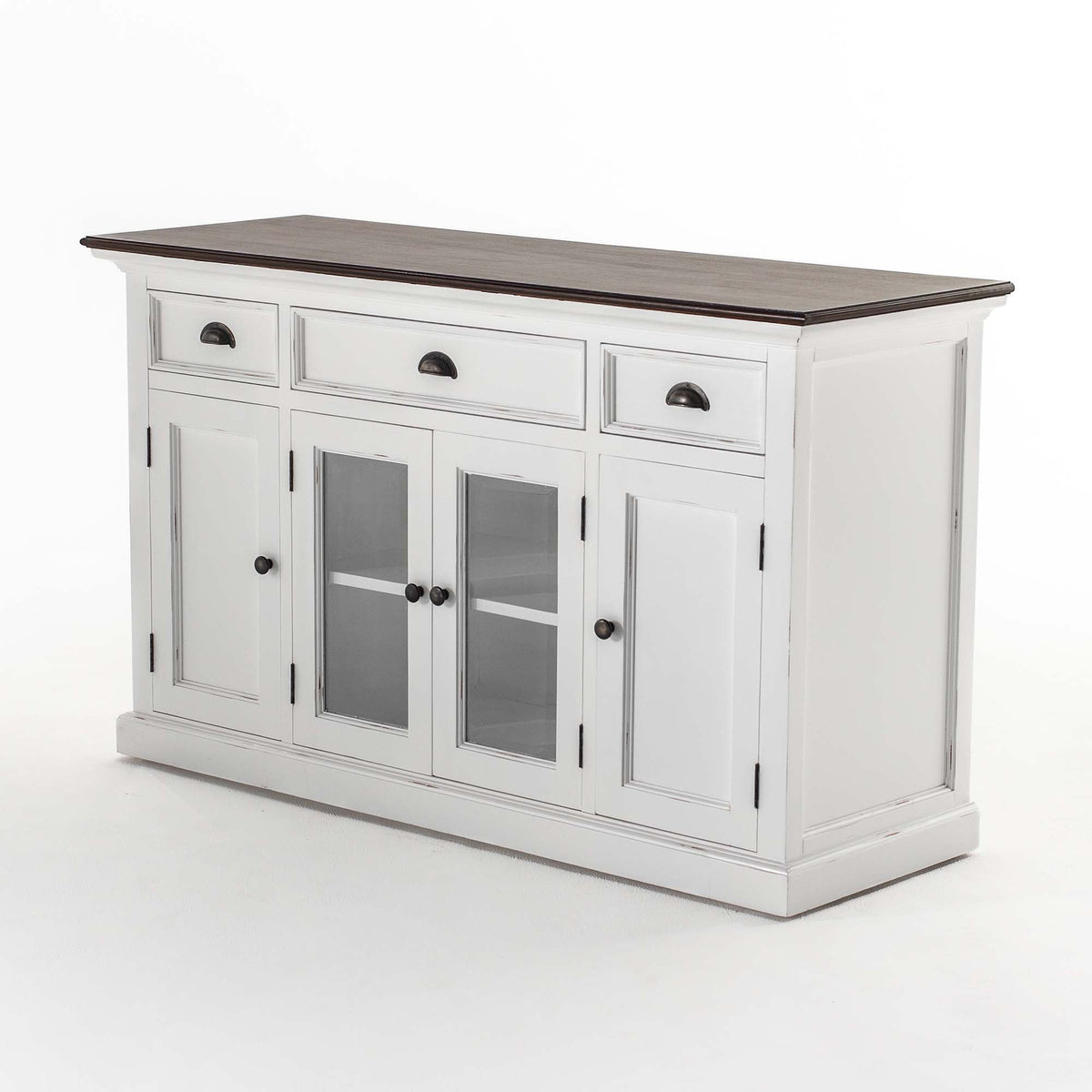 Buffet with 4 Doors 3 Drawers White Distress & Deep Brown - Lifestyle View | Marcottestyle