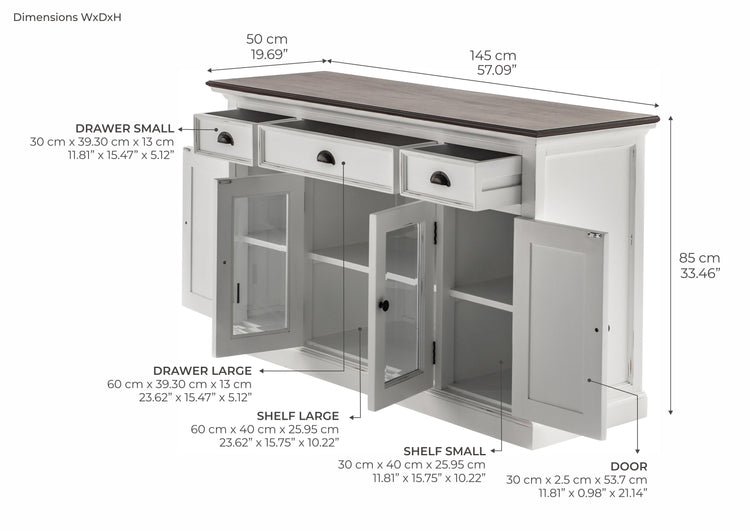Buffet with 4 Doors 3 Drawers White Distress & Deep Brown - Lifestyle View | Marcottestyle
