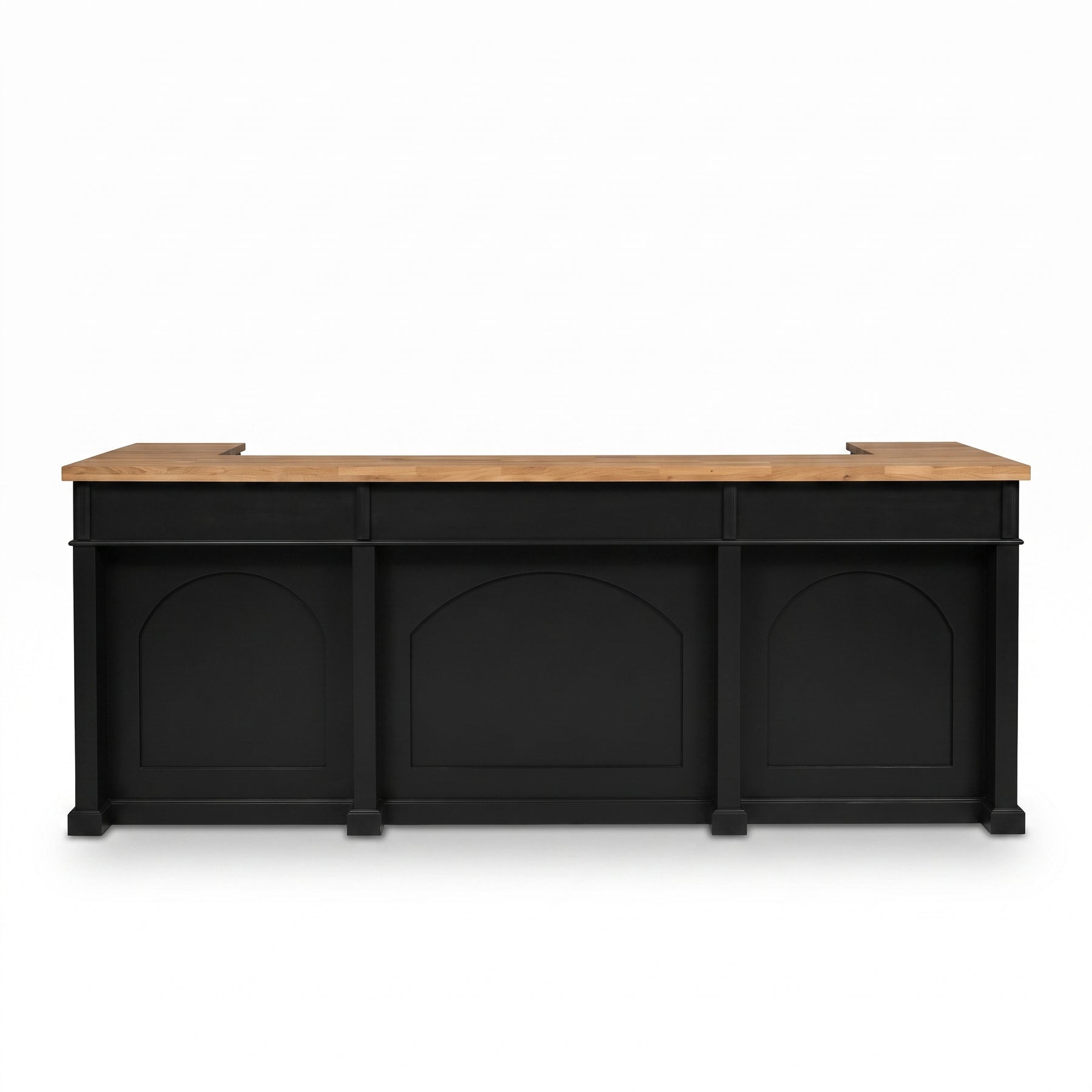 Bar Counter Langeais in black with oak top, front view, 300 x 80 x 115 cm