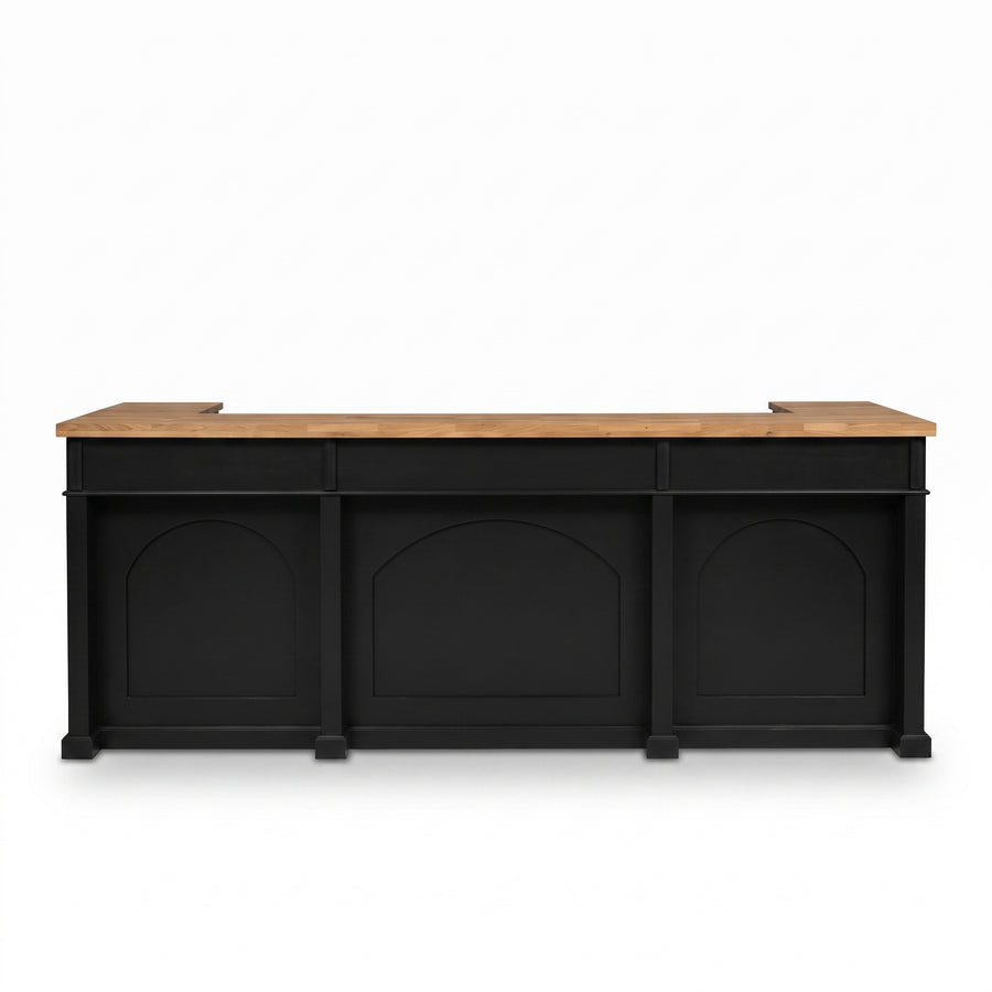 Bar Counter Langeais in black with oak top, front view, 300 x 80 x 115 cm