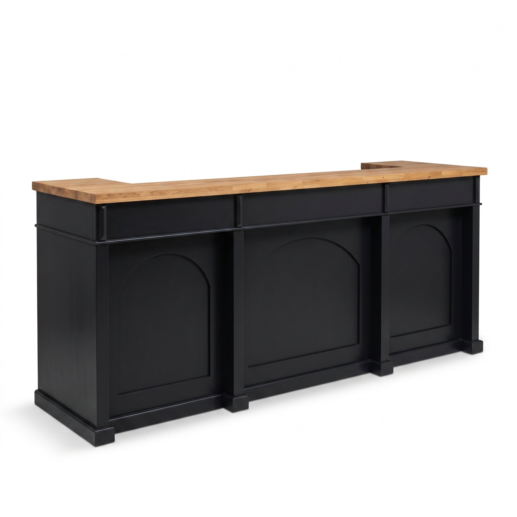 Bar Counter Langeais in black with oak top, three-quarter view from the front left, 300 x 80 x 115 cm