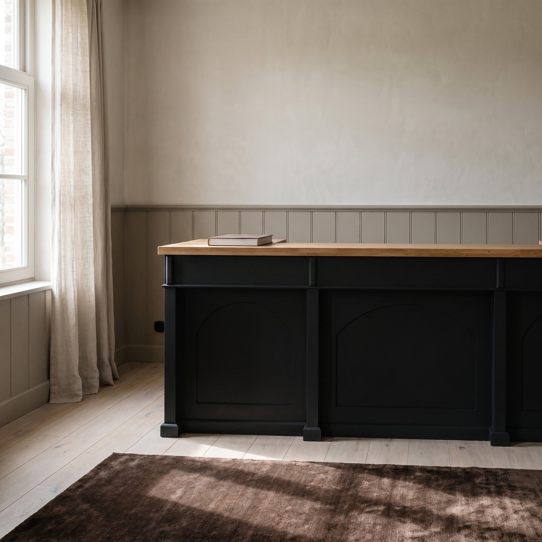 Bar Counter Langeais in black with oak top, in an interior, 300 x 80 x 115 cm