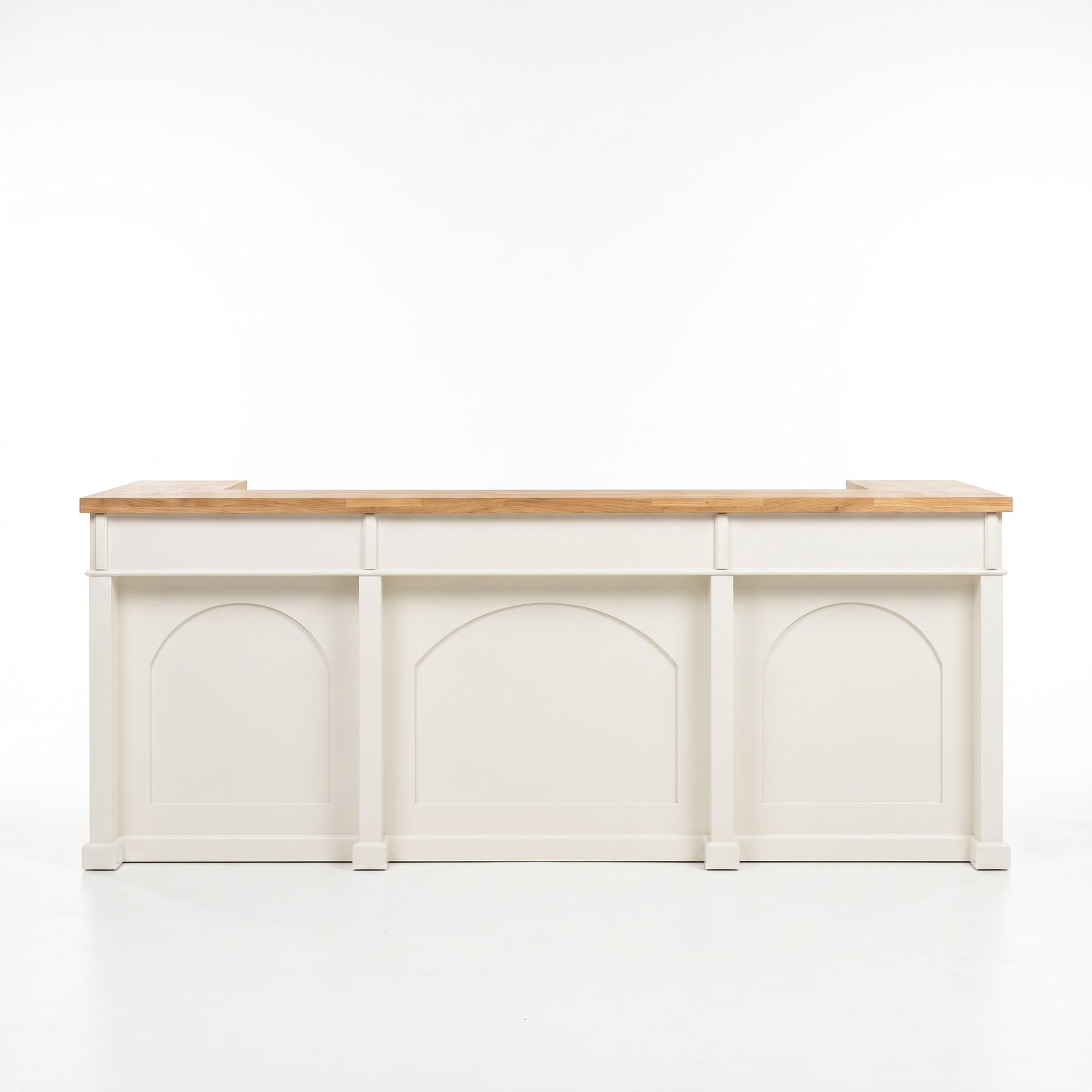 Bar Counter Langeais in white with oak top, front view, 300 x 80 x 115 cm
