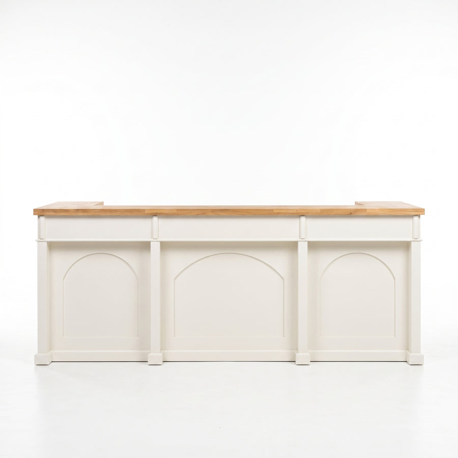 Bar Counter Langeais in white with oak top, front view, 300 x 80 x 115 cm