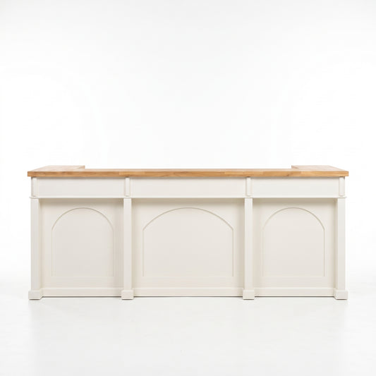 Bar Counter Langeais in white with oak top, front view, 300 x 80 x 115 cm