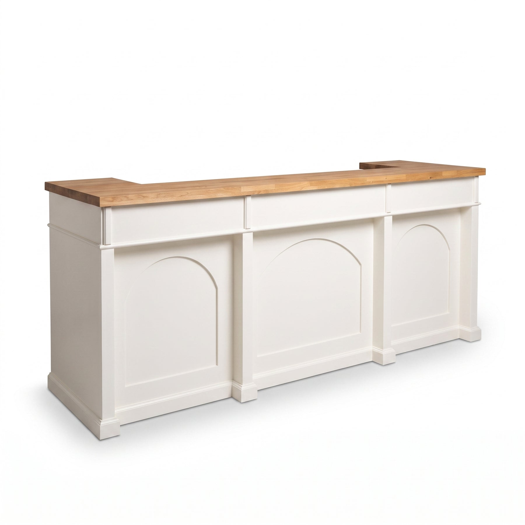 Bar Counter Langeais in white with oak top, three-quarter view from the front left, 300 x 80 x 115 cm
