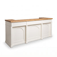 Bar Counter Langeais in white with oak top, three-quarter view from the front left, 300 x 80 x 115 cm