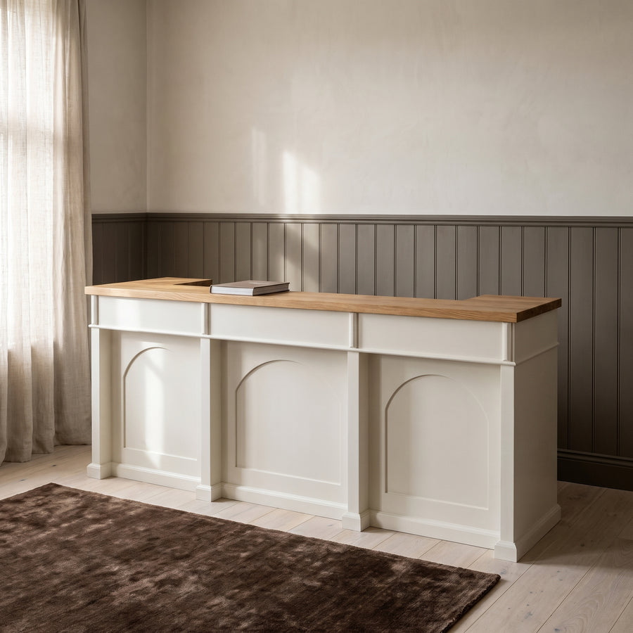 Bar Counter Langeais in white with oak top, in an interior, 300 x 80 x 115 cm