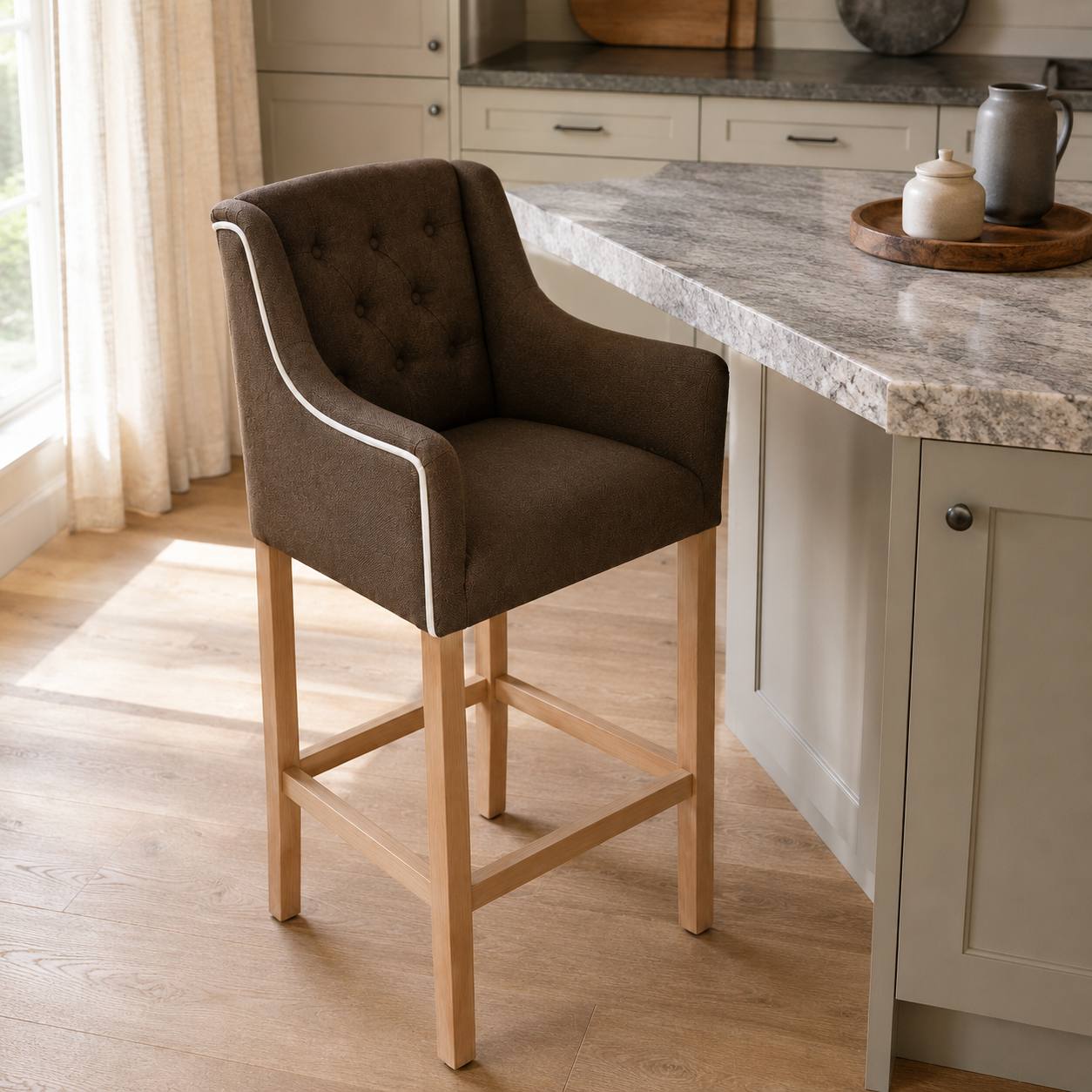 Bar Stool Canon - Brown Fabric & Natural Oak Legs - 64 x 60 x 131 cm
