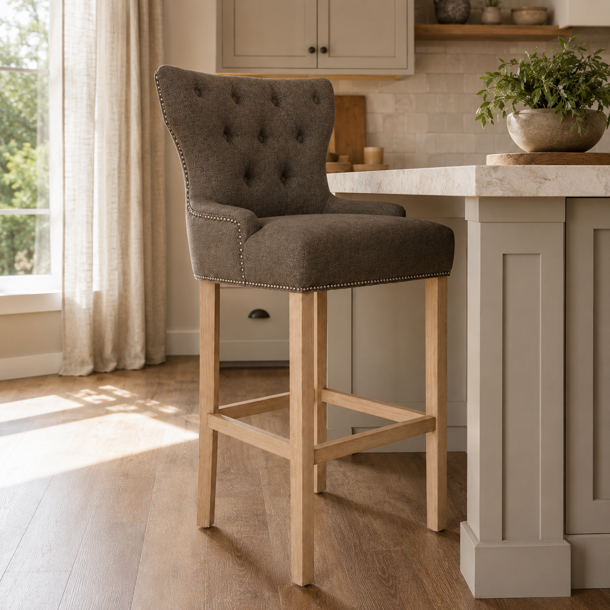 Bar Stool Dinos - Brown Fabric & Natural Oak Legs - 60 x 60 x 159 cm