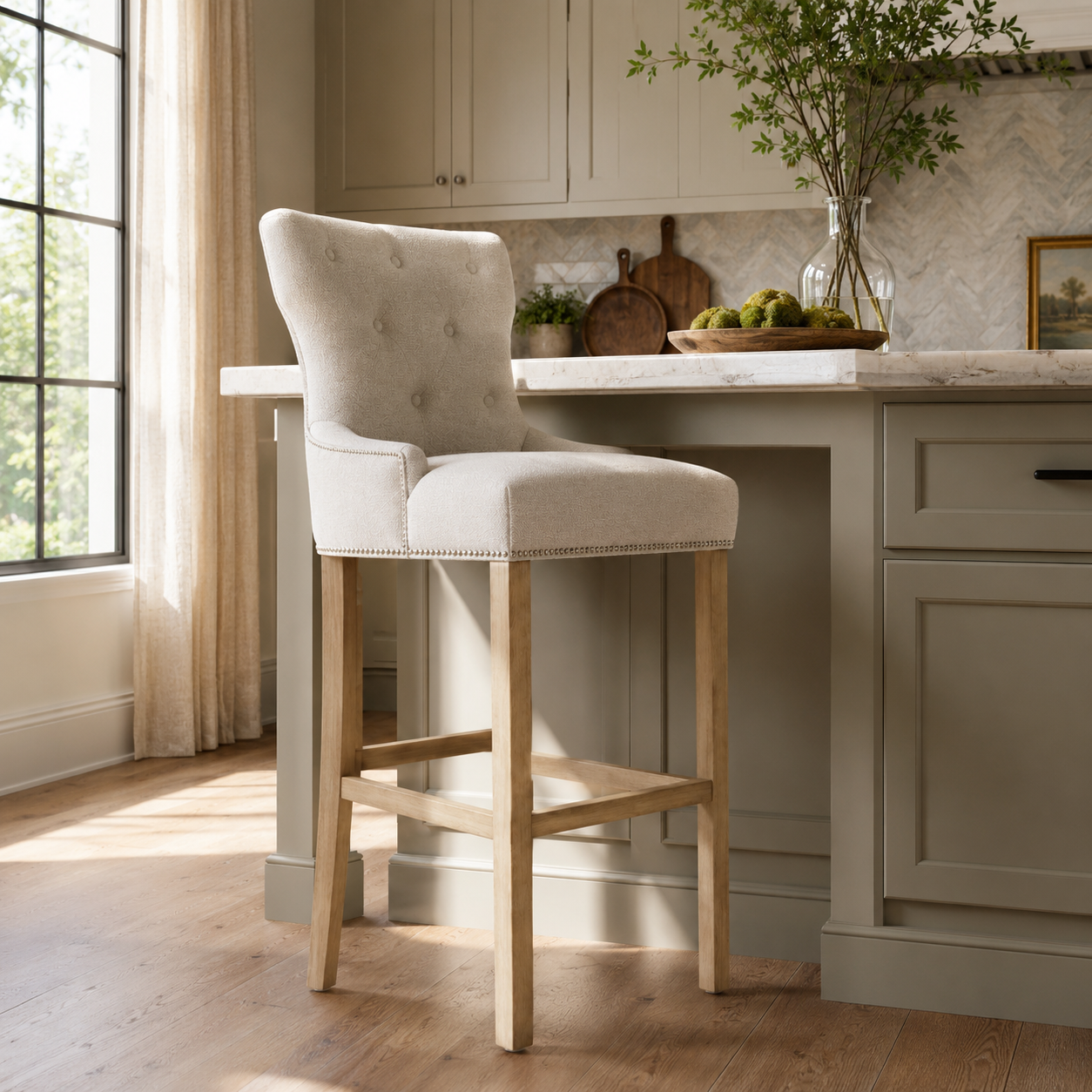 Bar Stool Dinos - Light Beige Fabric & Natural Oak Legs - 60 x 60 x 159 cm