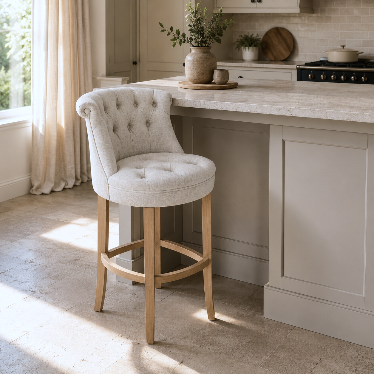 Bar Hocker Ducati - Light Beige Fabric & Natural Oak Legs - 70 x 60 x 121 cm