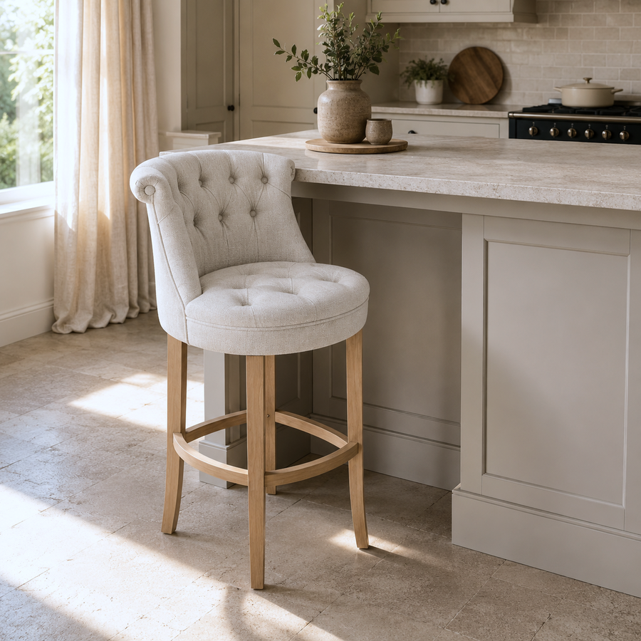 Bar Hocker Ducati - Light Beige Fabric & Natural Oak Legs - 70 x 60 x 121 cm