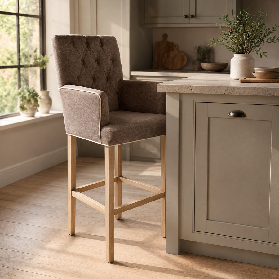 Bar Stool Elise - Brown Fabric & Natural Oak Legs - 62 x 67 x 140 cm