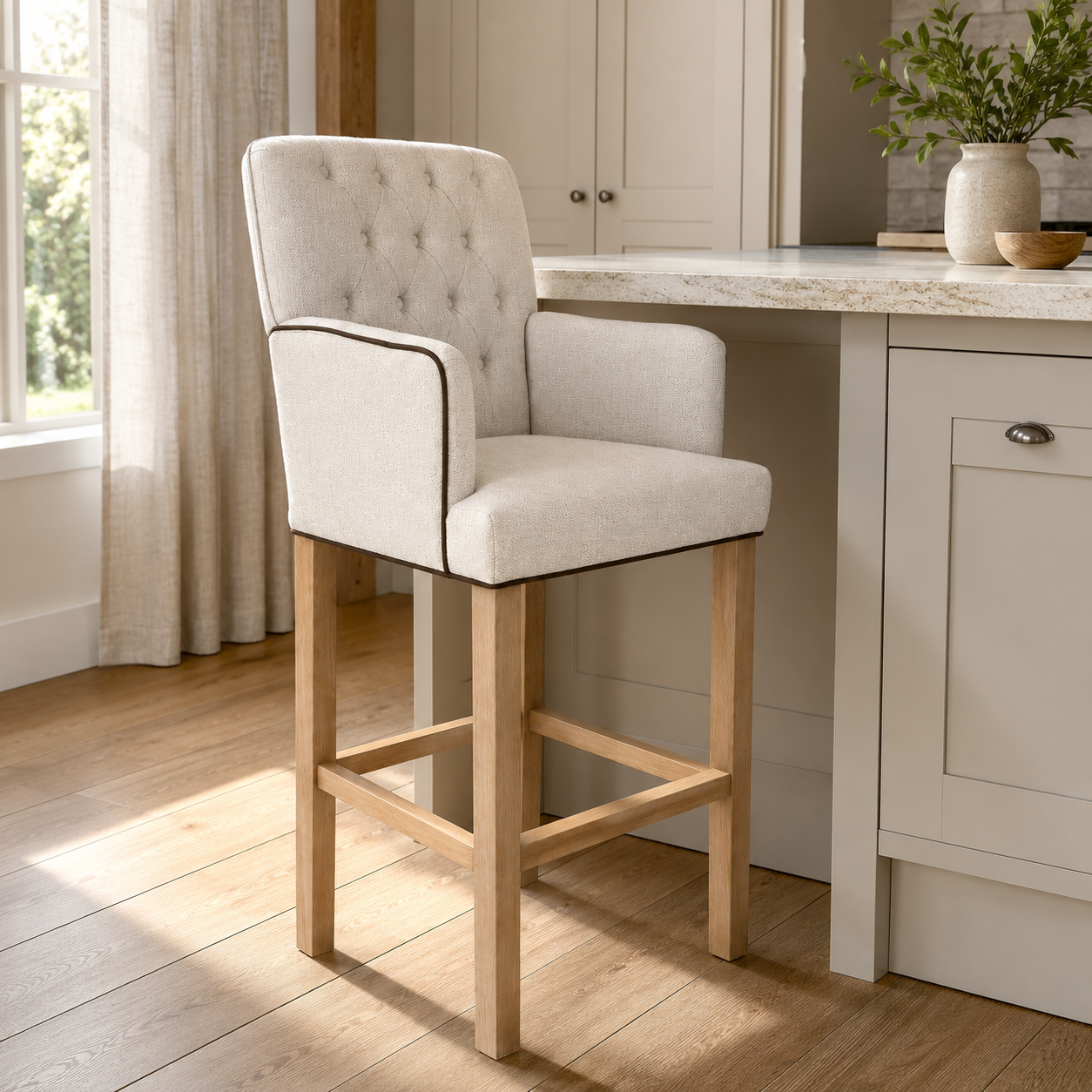 Bar Stool Elise - Light Beige Fabric & Natural Oak Legs - 62 x 67 x 140 cm