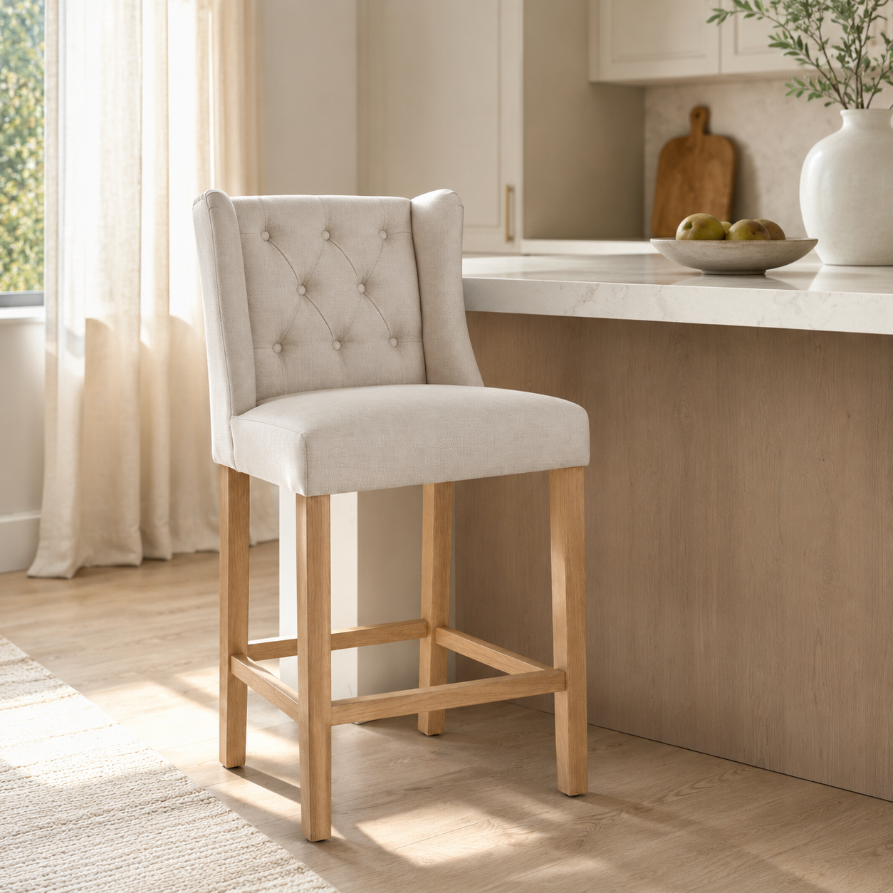 Bar Stool Hectori - Beige Fabric & Natural Oak Legs - 58 x 55 x 141 cm