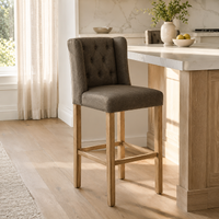 Bar Stool Hectori - Brwon Fabric & Natural Oak Legs - 58 x 55 x 141 cm