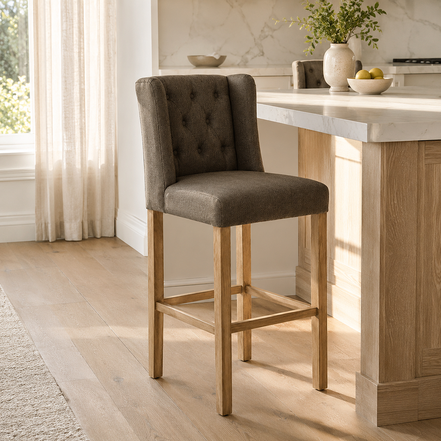 Bar Stool Hectori - Brwon Fabric & Natural Oak Legs - 58 x 55 x 141 cm