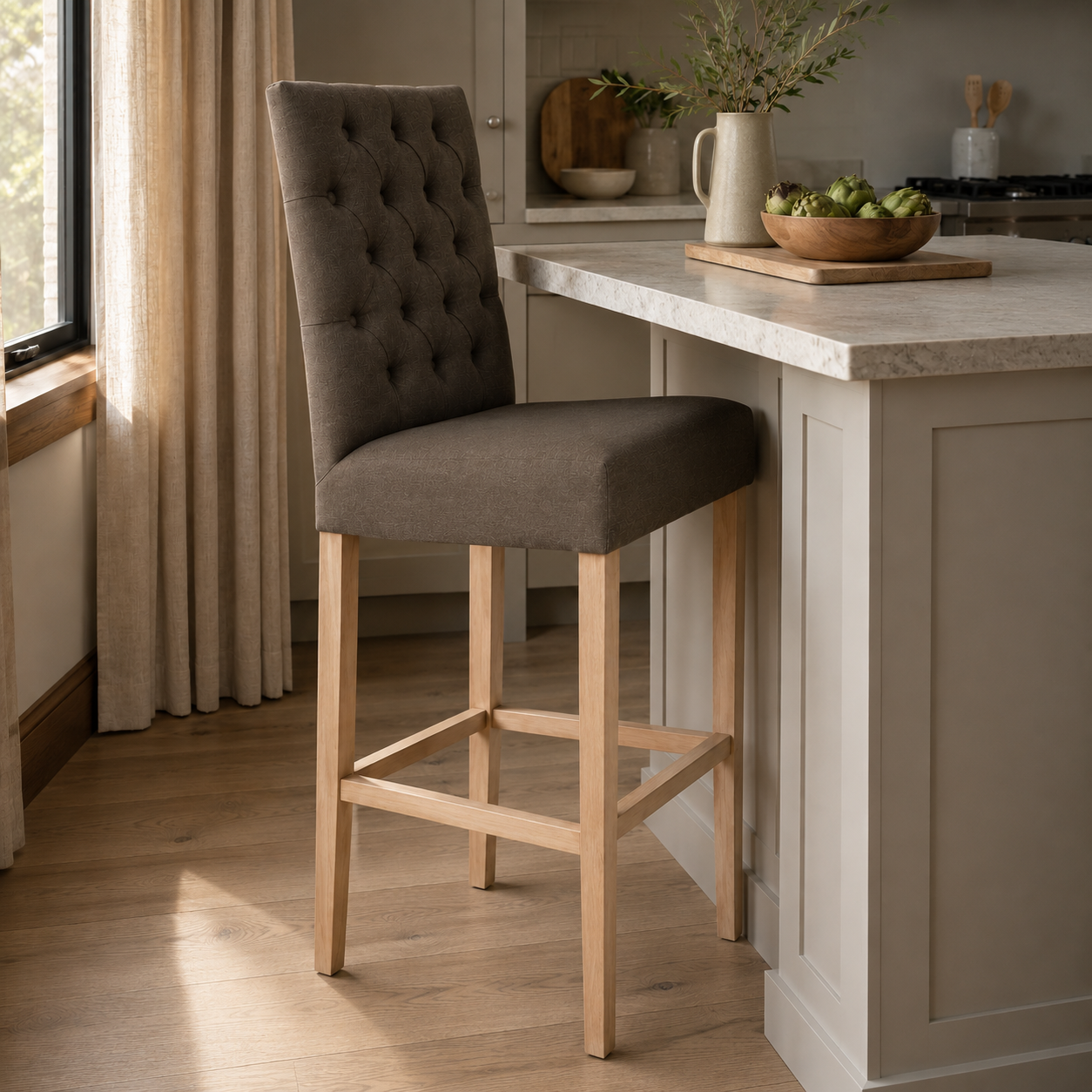 Bar Stool Mistral - Brown Fabric & Natural Oak Legs - 59 x 50 x 142 cm