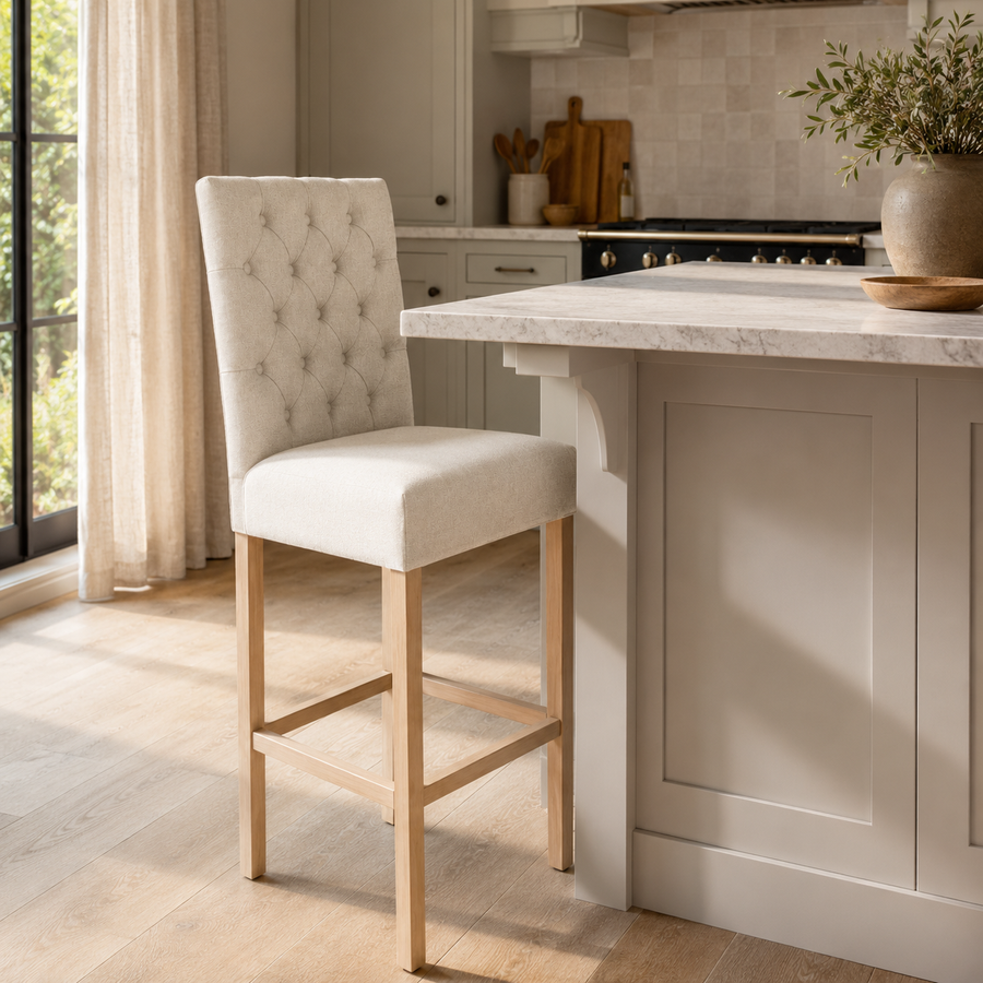 Bar Stool Mistral - Light Beige Fabric & Natural Oak Legs - 59 x 50 x 142 cm