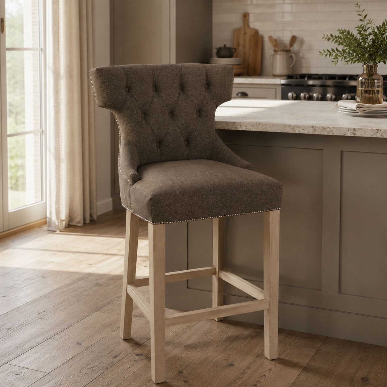 Bar Stool Montana - Brown Fabric & Natural Oak Legs - 60 x 61 x 159 cm