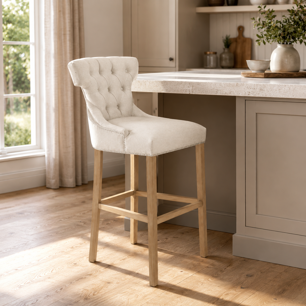 Bar Stool Montana - Light Beige Fabric & Natural Oak Legs - 60 x 61 x 159 cm