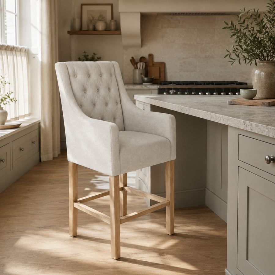 Bar Stool Orlando - Light Beige Fabric & Natural Oak Legs - 70 x 62 x 149 cm