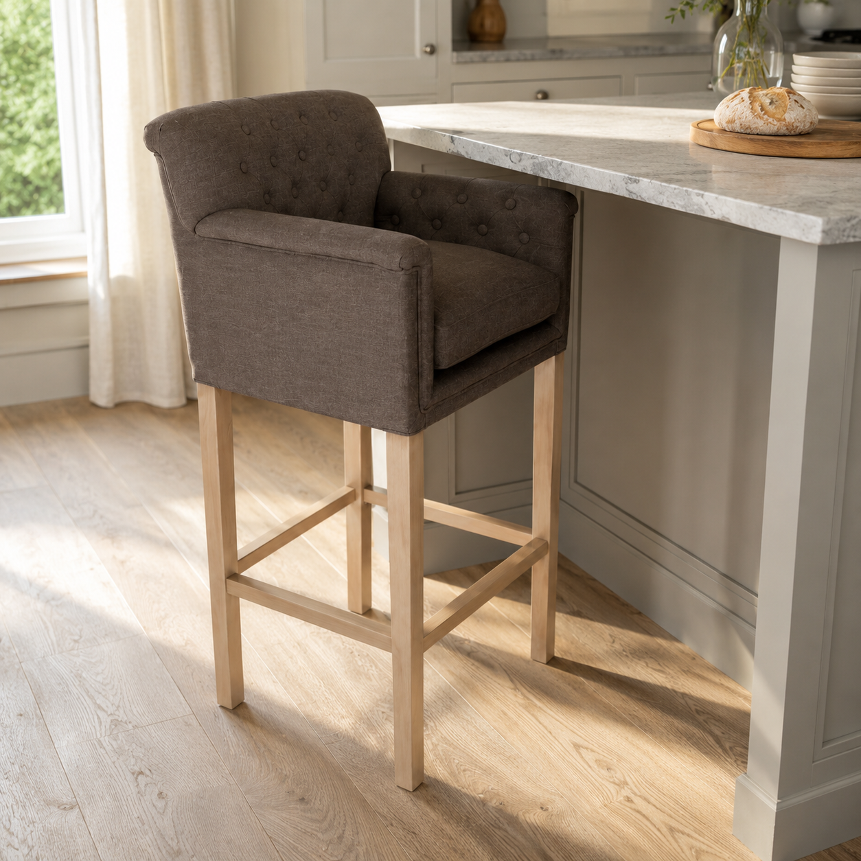 Bar Stool Theems - Brown Fabric & Natural Oak Legs - 65 x 67 x 124 cm