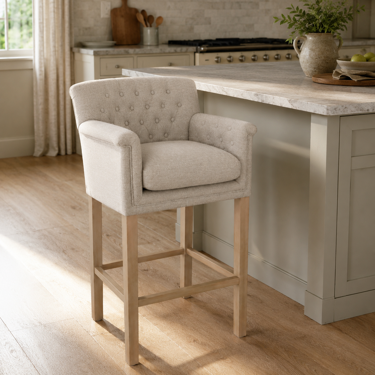 Bar Stool Theems - Light Beige Fabric & Natural Oak Legs - 65 x 67 x 124 cm